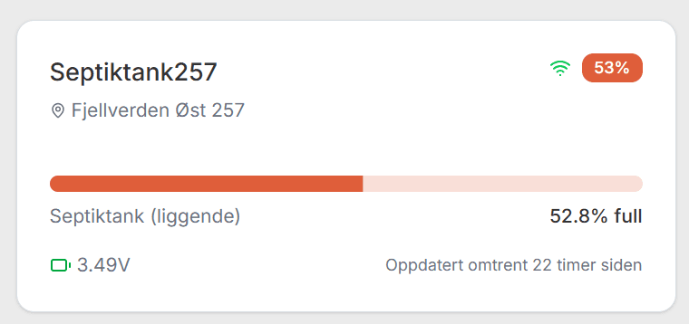 Eksempel på tankoversikt i Sense - viser fyllingsgrad, lokasjon og batteristatus